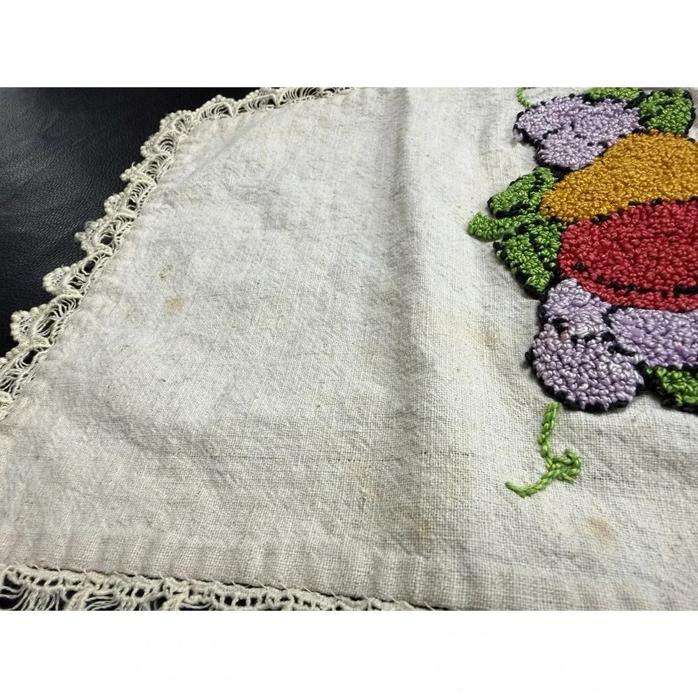 Vintage MCM Hand Embroidery Punch Needle Fruit Table Doily Lace Unfinished Art